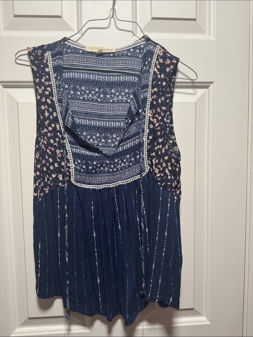 Rewind Boho Navy Tunic Top with Pink and Cream Pattern size L